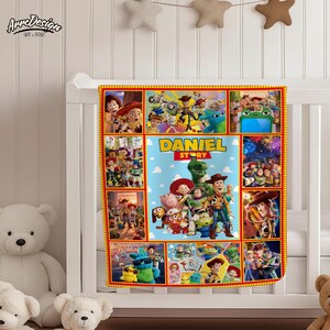 May include: A personalized baby blanket featuring characters from the animated film "Toy Story." The blanket has a central panel with the name "Daniel" and the words "Story" against a blue sky background. Surrounding panels showcase various scenes and characters.