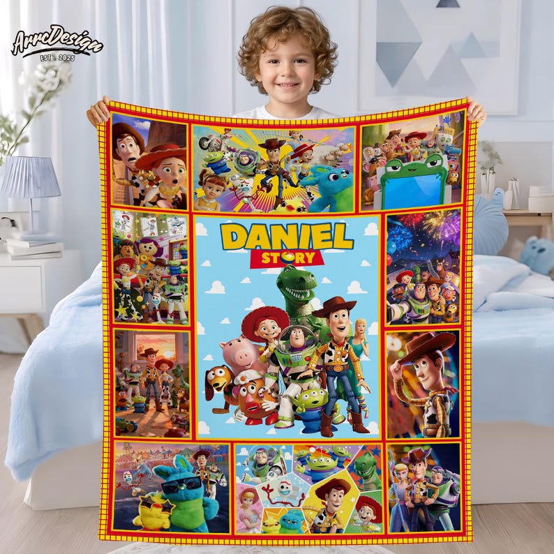 May include: A personalized blanket featuring characters from the animated film "Toy Story." The blanket has a blue background with the name "DANIEL" and the word "STORY" in yellow. The blanket is bordered in red and yellow.