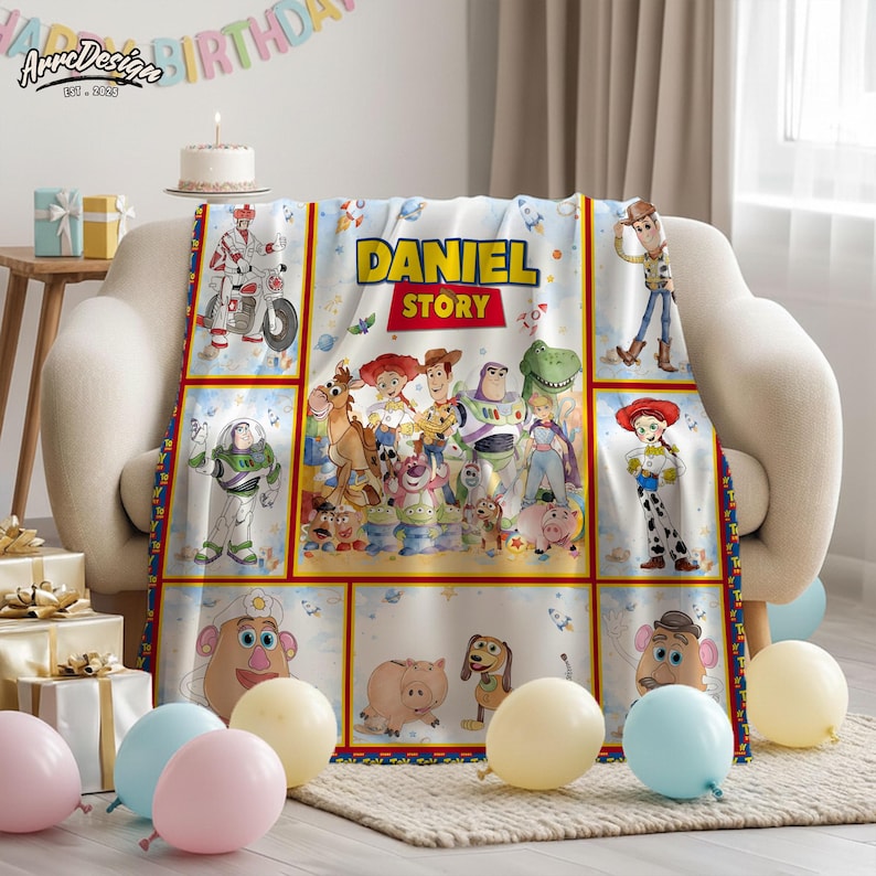 May include: A white blanket featuring a colorful design with characters from the movie "Toy Story". The blanket has the name "DANIEL" and the word "STORY" printed on it. The blanket is decorated with images of Buzz Lightyear, Woody, and other characters.