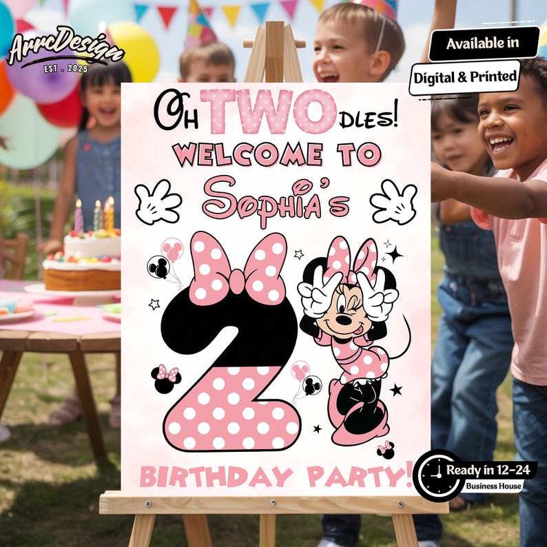 May include: A pink and white birthday party sign featuring Minnie Mouse and the text "Oh Twodles! Welcome to Sophia's Birthday Party!" The number 2 is pink with white polka dots. The sign is on an easel.