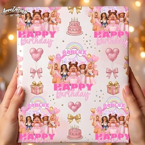 Peut inclure: Papier cadeau rose et blanc sur le thème de Roblox avec l'inscription "Happy Birthday". Le motif comprend des illustrations de personnages Roblox, des ballons, des nœuds, des cadeaux, des arcs-en-ciel et un gâteau.