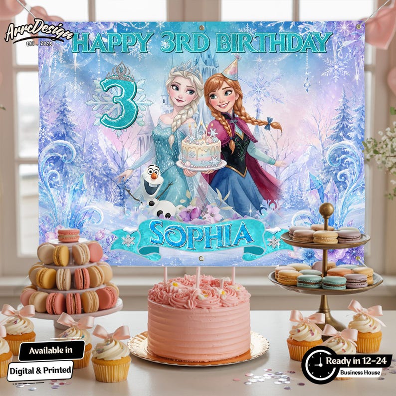 Pode incluir: Um pano de fundo retangular para festas com o texto HAPPY 3RD BIRTHDAY e SOPHIA, ilustrado com duas personagens animadas, um boneco de neve e um bolo. O fundo apresenta uma paisagem de inverno com flocos de neve e cristais de gelo.