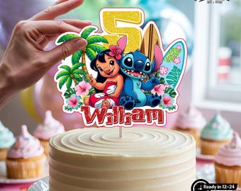 Personalized Lilo and Stitch Cake Topper: Hawaiian Birthday Party Decor (PNG File Option Available)