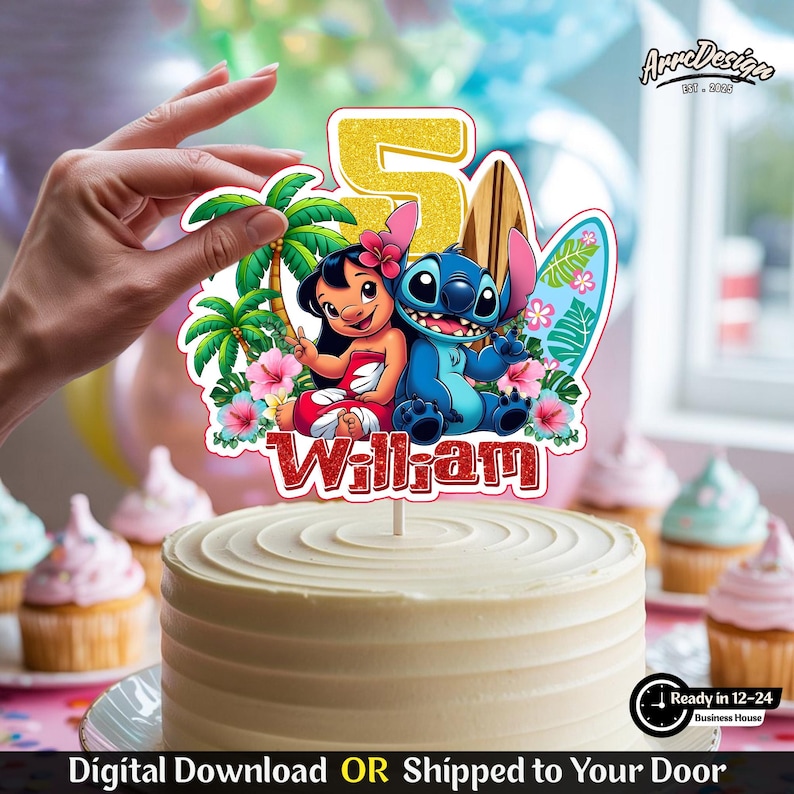 May include: A cake topper featuring Lilo and Stitch, a gold glitter number 5, and the name "William". The design includes palm trees, flowers, and a surfboard. The cake is topped with the colorful topper, ready for a birthday celebration.