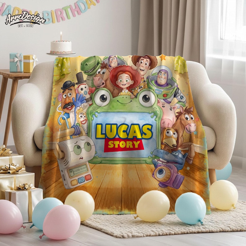 May include: A soft fleece blanket featuring a colorful Toy Story character collage with a central green frog frame containing the text Lucas Story. The design includes Woody, Buzz Lightyear, Jessie, Rex, and other characters on a wooden floor background.