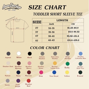May include: Size and color chart for toddler short sleeve tees. The size chart shows measurements in inches and centimeters for sizes 2T to 5T. The color chart displays various heather colors, including black, white, and navy.