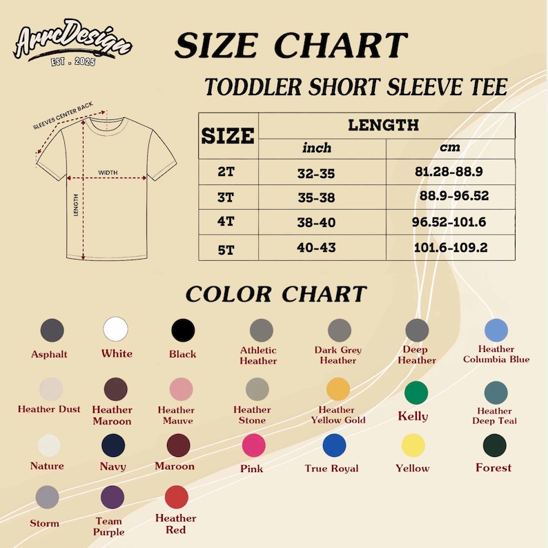 May include: Size and color chart for toddler short sleeve tees. The size chart shows measurements in inches and centimeters for sizes 2T to 5T. The color chart displays various heather colors, including black, white, and navy.