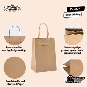 May include: A brown paper gift bag with secure handles and tight edge sealing. The bag is made of eco-friendly and recycled paper. The bag has a neat wavy edge and a sturdy bottom. The bag has the word "Brown" on it.