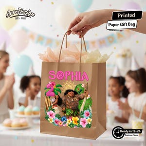 May include: A brown paper gift bag with the name "Sophia" in pink, featuring a colorful illustration of characters and tropical flowers. The bag has brown handles and is filled with tissue paper. Text on the bag reads "Printed Paper Gift Bag".