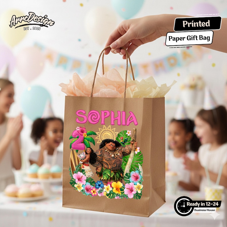 May include: A brown paper gift bag with the name "Sophia" in pink, featuring a colorful illustration of characters and tropical flowers. The bag has brown handles and is filled with tissue paper. Text on the bag reads "Printed Paper Gift Bag".