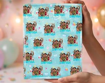 Personalized Moana Wrapping Paper, Custom Name Birthday Gift Wrap