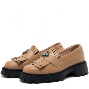 Women&#39;s Tan Leather Loafers – Handmade Chunky Sole Slip-On Shoes – Fringe Detail & Jewel Accent – Made in Romania