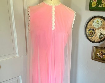 Nightgown Negligee Sleepwear Barbie Hot Pink Gown with White Sheer Overlay 1960s Jer Maral Sleeveless Nightie