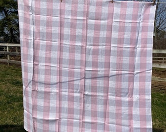 Vintage Tablecloth Pink Gray White Checked Tablecloth Square 48” x 48” Woven Cotton Linen Blend