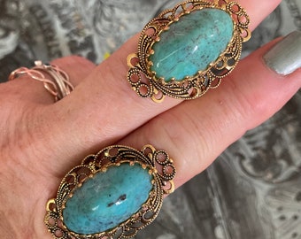 Cocktail Ring Adjustable Gold Filigree Turquoise Aqua Teal Robins Egg Blue Marbled 1970s Spain Dead Stock