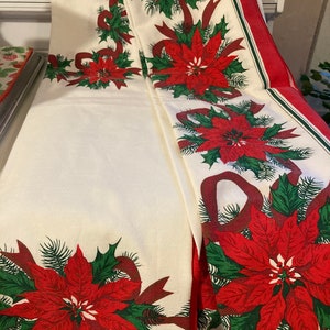 Tablecloth Christmas Poinsettia Pine Holly Ribbons Bows Vintage Christmas Red Green White KMart 1970s 80”x 60” Cotton Poly