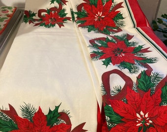 Vintage Tablecloth Christmas Poinsettia Pine Holly Ribbons Bows Vintage Christmas Red Green White KMart 1970s 80”x 60” Cotton Poly