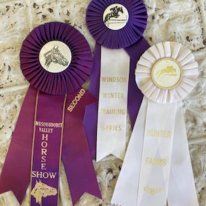 Vintage Horse Show Ribbons #4 Set of 3 Equestrian Awards 1960s - 1990s US & Canada Purple White Hunter Farms Second Place Musquodobit