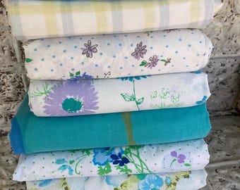 Vintage Sheets Full Flat Full Fitted Twin Flat Pillowcase Shades of Lavender Blue & Green Patterns and Florals 1960s