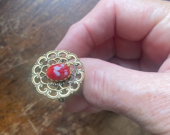 Vintage Cocktail Ring Adjustable Gold Filigree Speckled Red Stone 1970s Spain Dead Stock