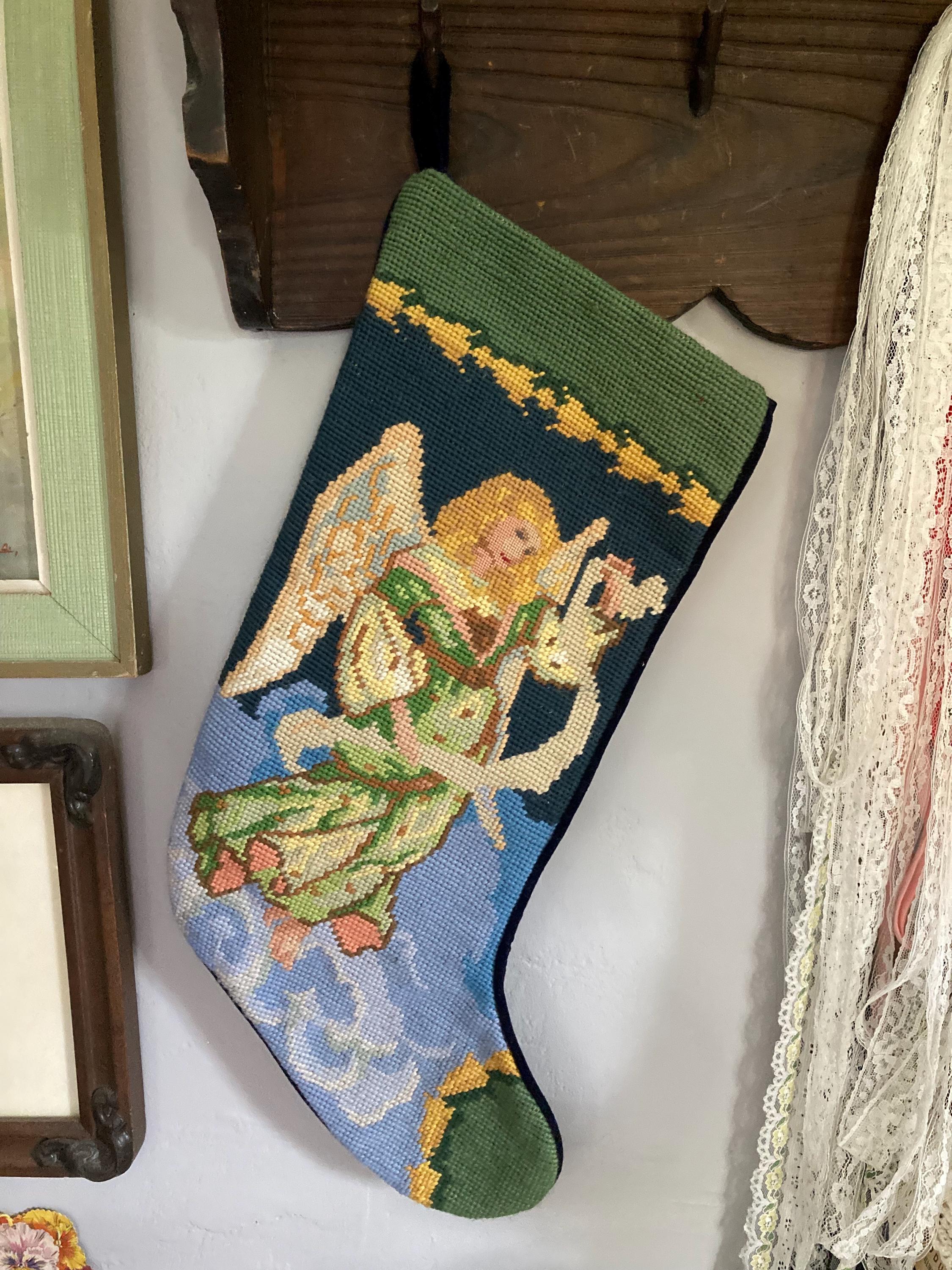 Vintage Christmas Stocking Angel Blues Greens Gold Needlepoint