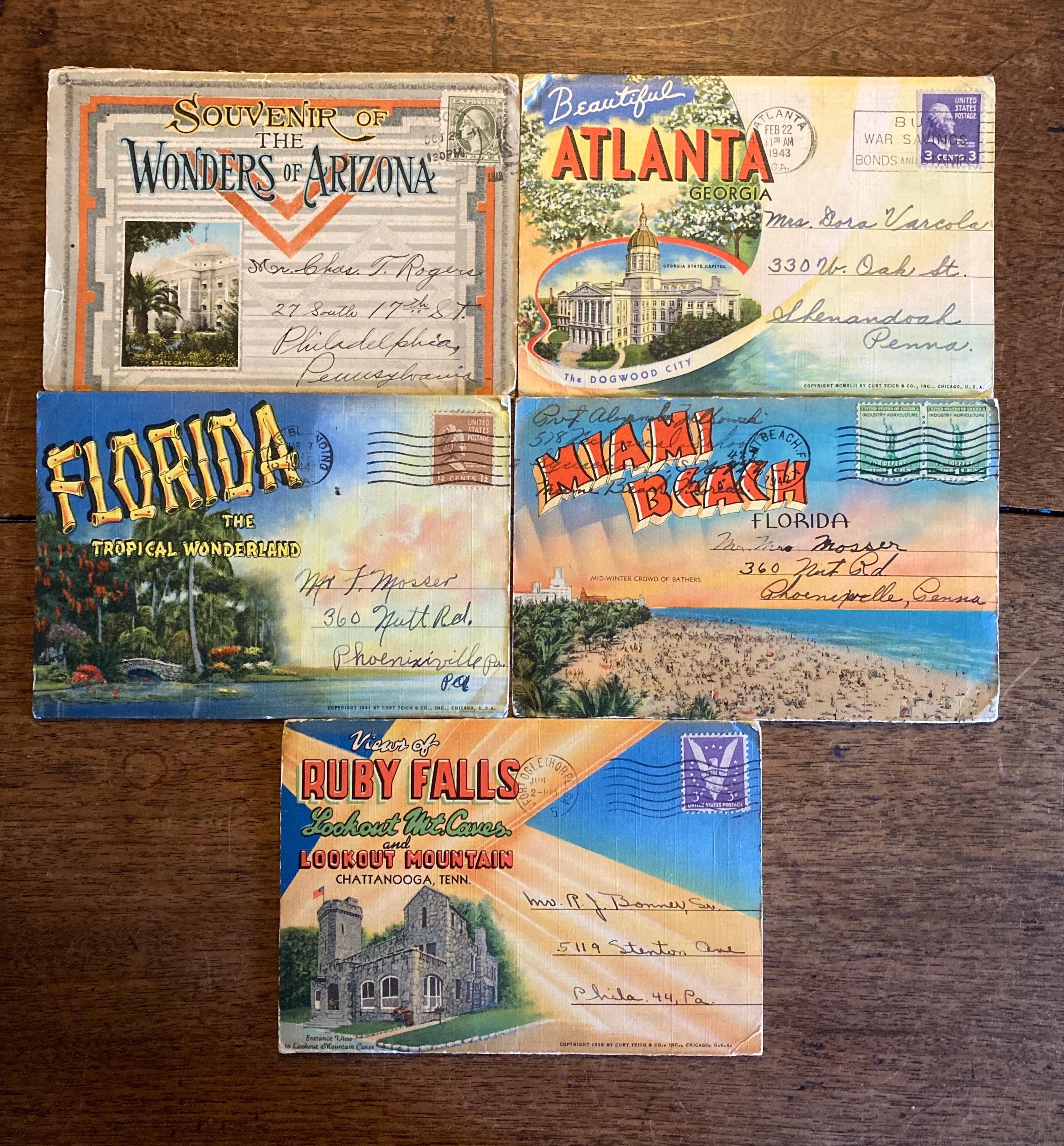 コレクション ANTIQUE STAMPS/POSTCARDS Vintage Fold Out Postcards Souvenir Chattanooga TN Miami Beach FL
