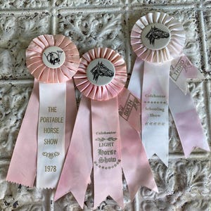 Vintage Horse Show Ribbons #38 Set of 3 Equestrian Awards 1960s - 1990s US & Canada Pink White Colchester Horse Show Portable Horse Show