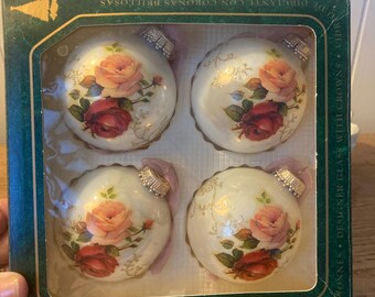 Vintage Christmas Ornaments Hand Decorated Victoriana Roses Blown Glass Balls Organdy Ribbon Set of 4