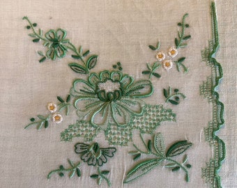 St Patricks Day Handkerchief Floral Embroidery Draw Work Saint Patrick’s Day Cotton Lawn Hankie Green White 12” x 11.5” Hand Hemmed March 17