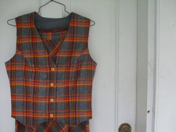 Plaid Maxi Skirt and Vest Orange Rust Gray ON SALE