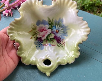 Lefton China Hand Painted Vintage Leaf Dish Green Trinket Tray