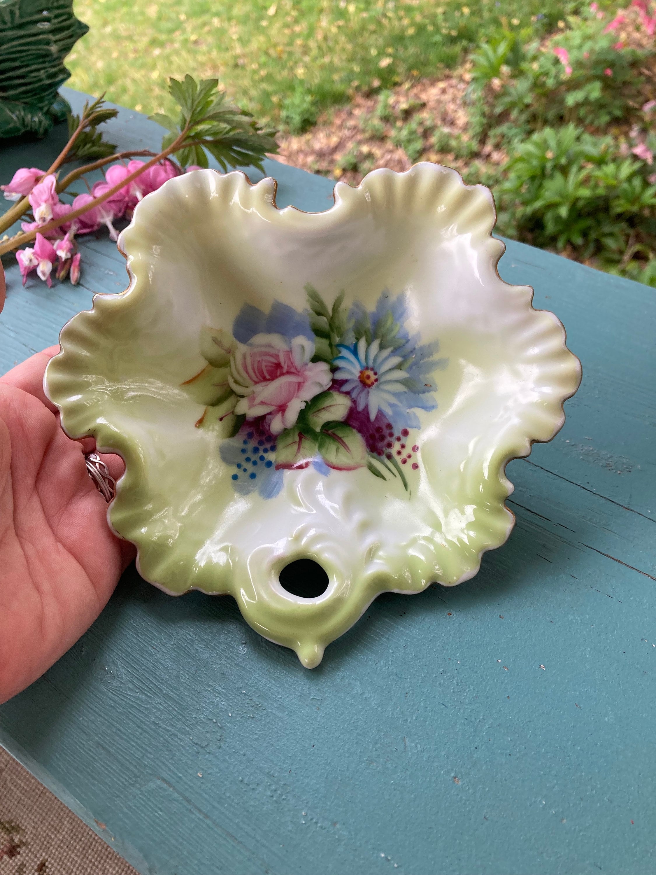 Lefton China Hand Painted Vintage Leaf Dish Green Trinket Tray