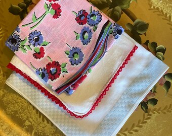 Handkerchiefs Set of 3 Pink Periwinkle Red Light Blue Spring Green Printed Crocheted Edge Floral Embroidered Hankies Hanky 1950s 1960s