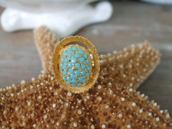 Gold Ring Turquoise Cocktail Ring Adjustable 1970… - image 4