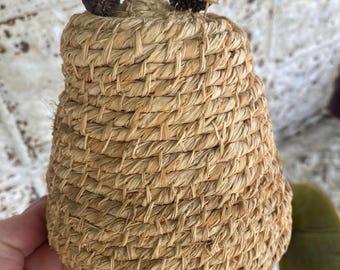 Vintage Handmade Raffia Bee Skep Small Pinecone Bees