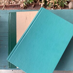 May include: Two hardcover books with teal and green covers. The top book is teal and the bottom book is green.
