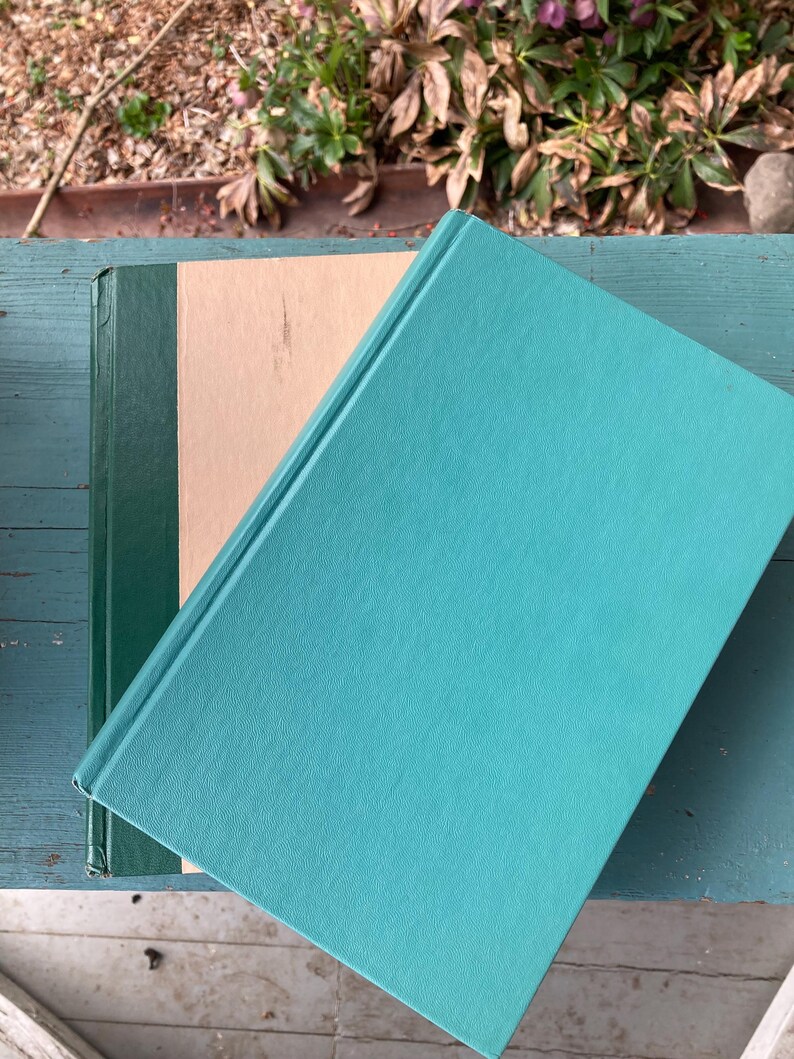 May include: Two hardcover books with teal and green covers. The top book is teal and the bottom book is green.