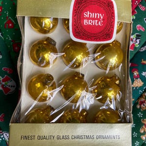 Vintage Shiny Brite 1 Inch Gold Ornaments Box of 12 with Hangers in Original Envelope New Old Stock Feather Tree Decoration