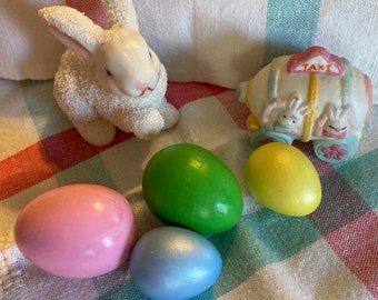 Easter Lot Vintage Snow Bunny Greenware Eggs Hand Made Easter Decor 6 Pieces Bunny Taxi Green Pink Yellow Blue Spring Decorations