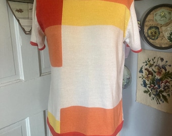 Vintage gebreide trui Bobbie Brooks korte mouw kleurblok oranjegeel wit roest Vintage maat Small Past Modern Day Large