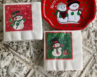 Servilletas de papel vintage con diseño de muñeco de nieve y pájaro, marca Hallmark, tamaño para bebidas, 2 estilos.
