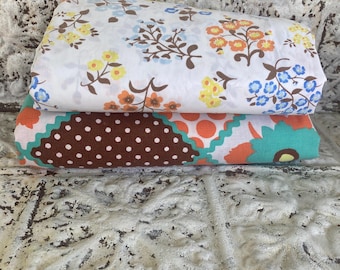 Vintage Sheets Full Flat Full Fitted Twin Flat  Pillowcases Shades of Blue Brown Orange Yellow Patterns and Florals 1960s
