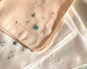 Vintage Handkerchiefs Pair St. Patrick’s Day Protestant Catholic Fine Cotton Lawn Peach White Green Embroidered Applique Hankie Handmade