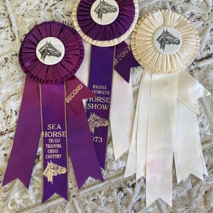 Vintage Horse Show Ribbons #9 Set of 3 Equestrian Awards 1960s - 1990s US & Canada Purple White Seahorse Halifax Second Place Horse Show