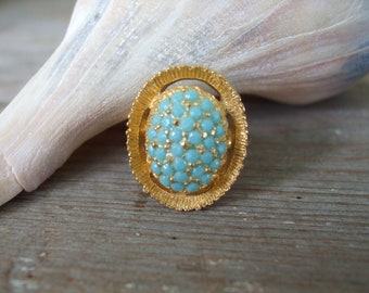 Ring Adjustable Gold Turquoise Cocktail Ring 1970s Spain Deadstock