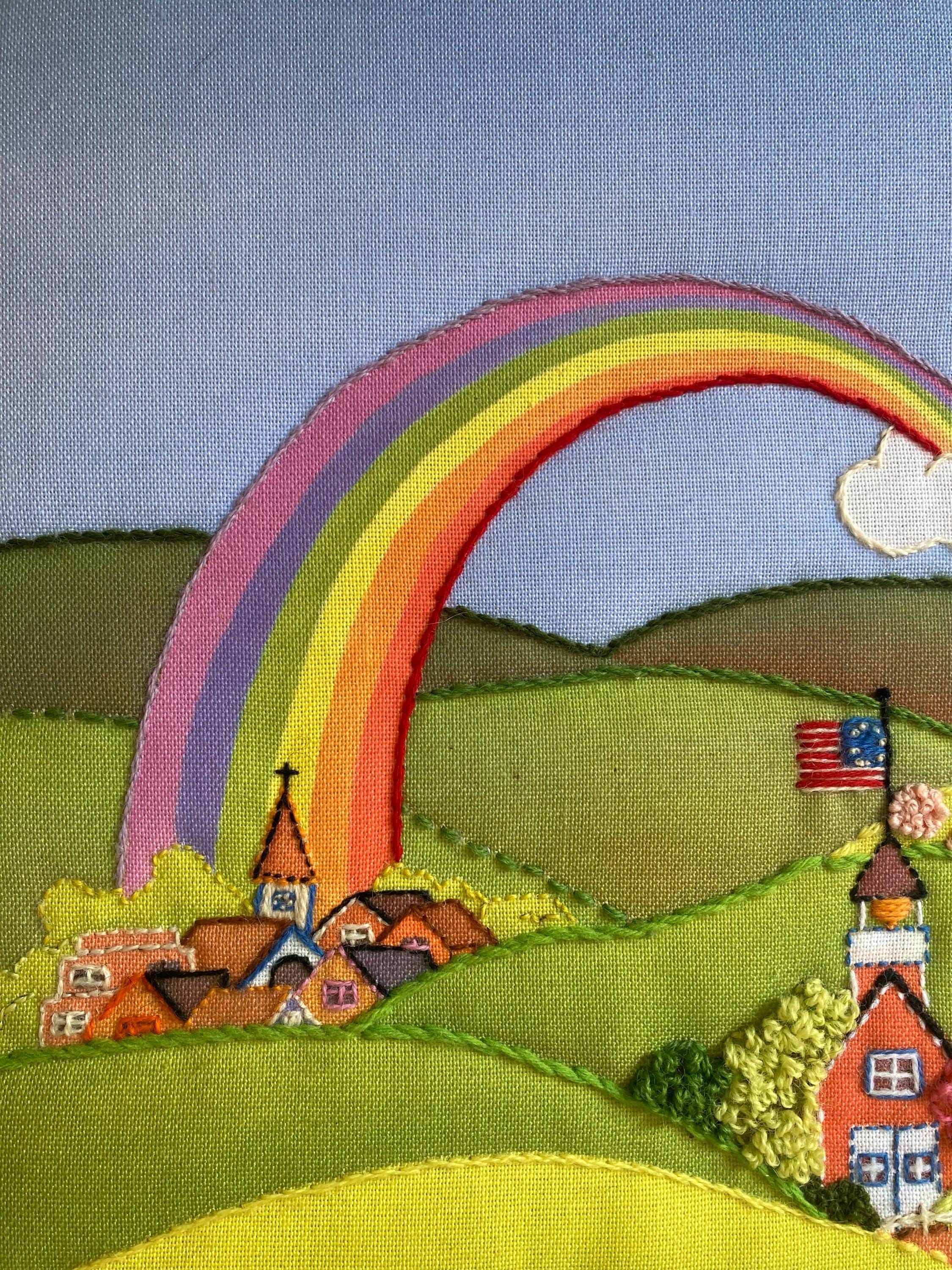 Broderie Crewel Ancienne Encadrée - Le Dos Du Chat Coucher De Soleil - 17 × 21 Pouces - Occasion