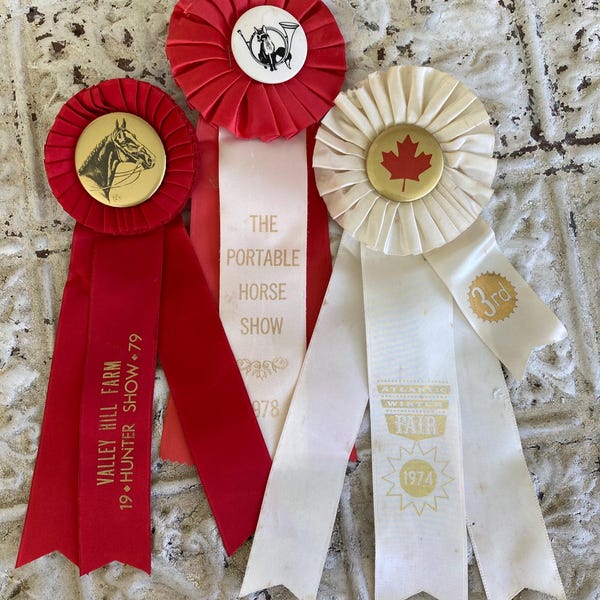 Vintage Horse Show Ribbons #5 Set of 3 Equestrian Awards 1960s - 1990s US & Canada Red White Hunter Farm Portable Horse Show Atlantic Winter
