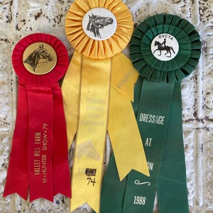 Vintage Horse Show Ribbons #20 Set of 3 Equestrian Awards 1960s - 1990s US & Canada Red Yellow Green DVCTA Valley Hill Dressage at Devon
