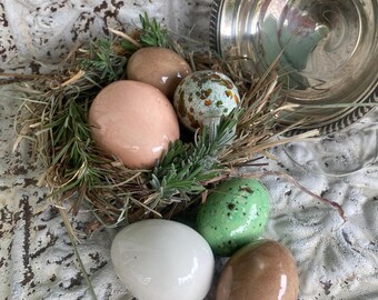 Vintage Eggs Greenware Naturalist Green Brown Cream Peach Handmade Nest Hay Lavender Rosemary Crochet Doily