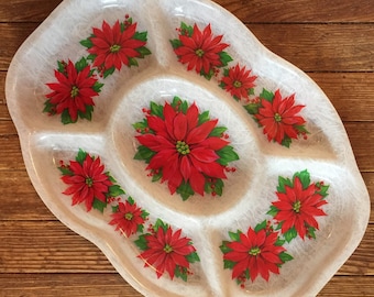 Christmas Platter Fiberglass Poinsettias Serving Tray Holiday Entertaining Cookie Tray